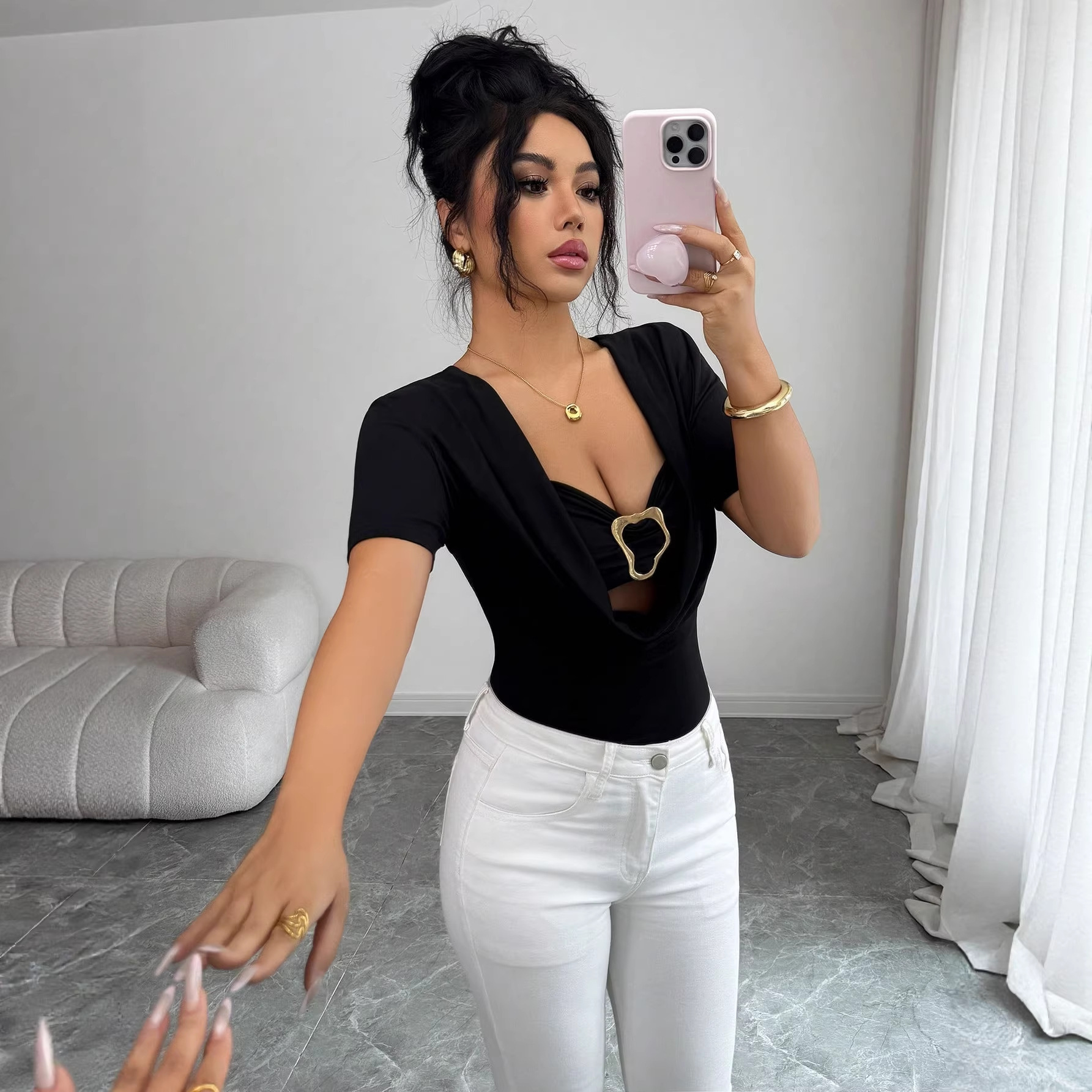 Women's Solid Color Duffle Neck Top With Metal Buckle Faux Two Piece Short Sleeved Trendy Hot Girl_ecoleips.com