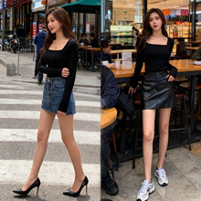 大朗毛衣工厂批发秋冬优雅淑女黑色方领长袖套头内搭外穿针织衫