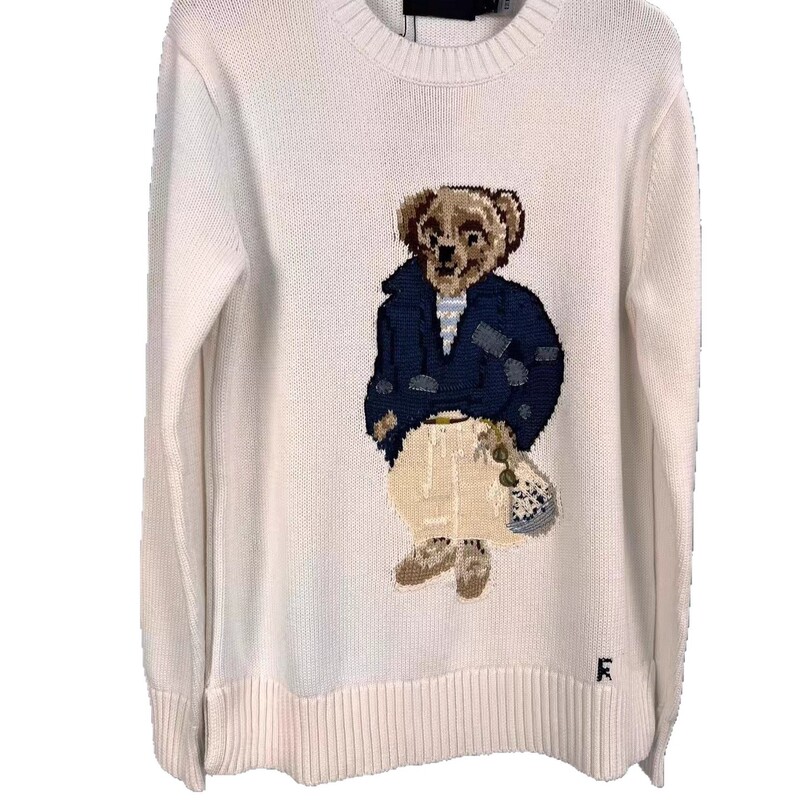 Scan Code/High-Quality Rl Raff Bear Pattern All-Cotton Hemp Twist Round-Neck Long-Sleeve Knitted Sweater for Women Wholesale