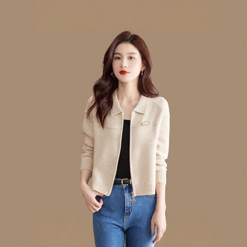 Women's Autumn Knitted Short Zipper Cardigan, Fashionable Outerwear for Petite Women, Stylish Turn-down Collar Ladies' Sweater Coat Women's Autumn Knitted Short Zipper Cardigan, Fashionable Outerwear for Petite Women, Stylish Turn-down Collar Ladies' Sweater Coat