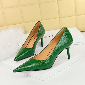 1198-A18 Retro European and American Stone Pattern Lacquer Leather Women's Shoes High Heels Shallow Mouth Pointed B