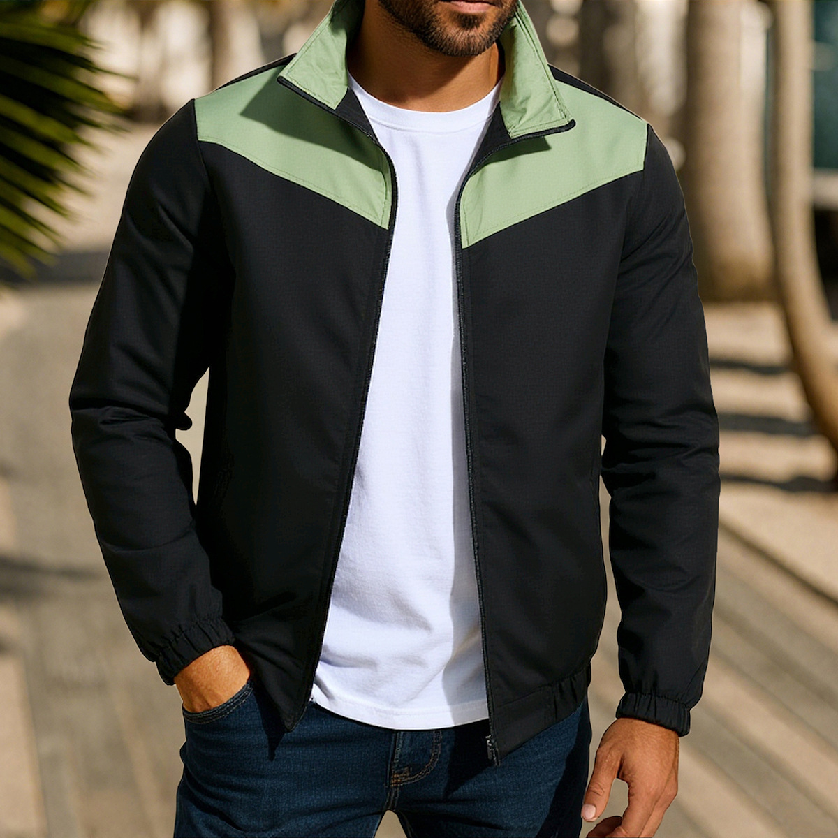 Men's Colour-blocking Windproof Cardigan Jacket With High Collar_voghion.com