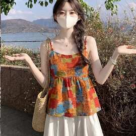 彩色油画印花吊带背心女夏新款外穿多巴胺甜美减龄无袖上衣设计感