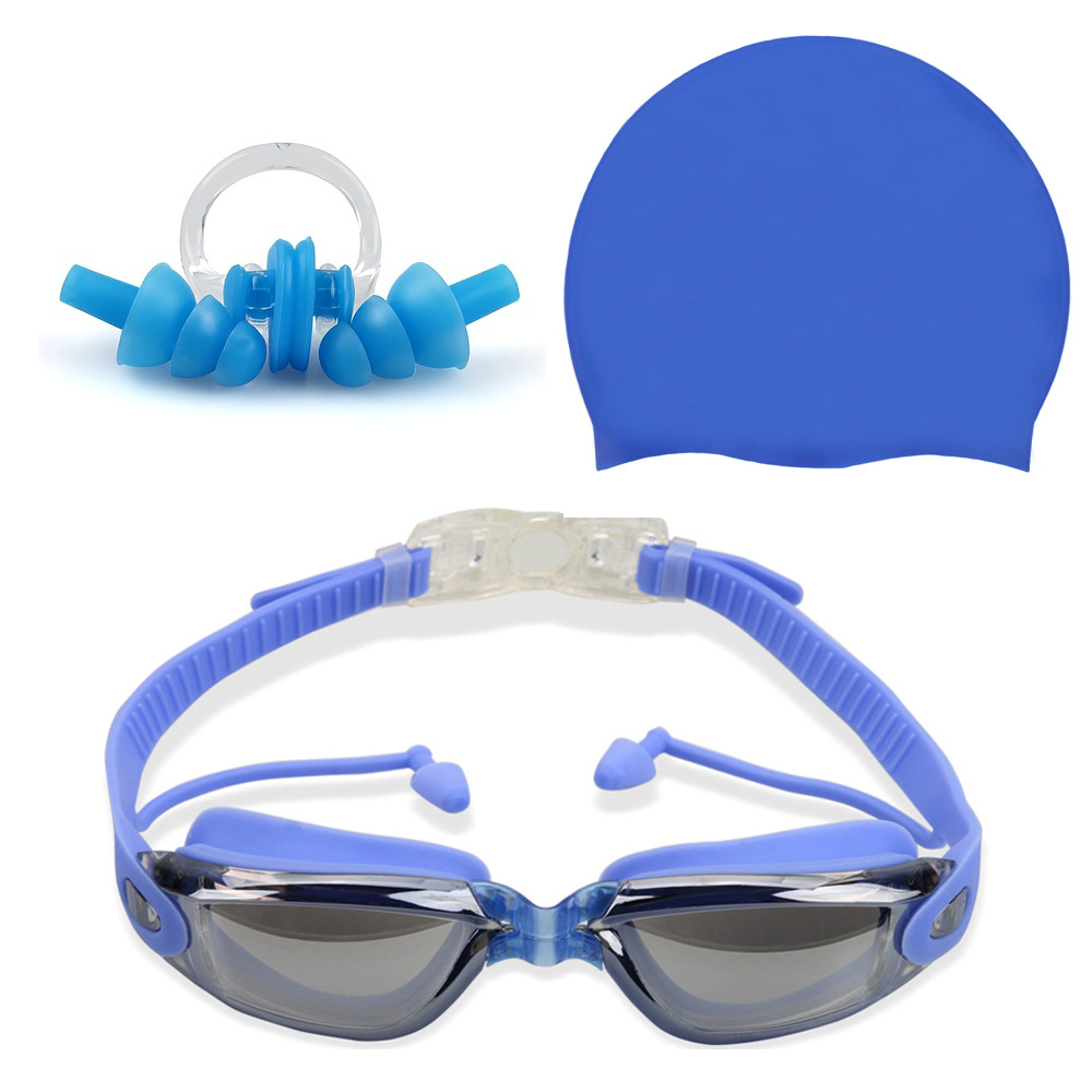 파란색 수영 고글 가방 + 실리콘 캡 + 귀마개 및 코 클립