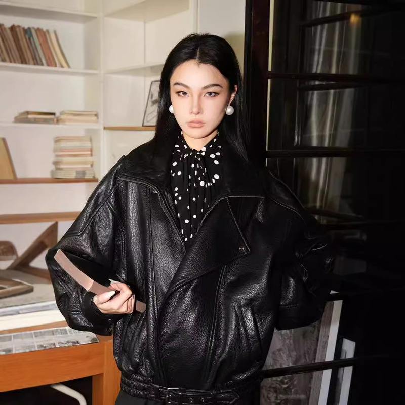 New Retro Modern Black Bubble Leather Genuine Leather Women's Loose Double Collar Profile Sheepskin Jacket Coat