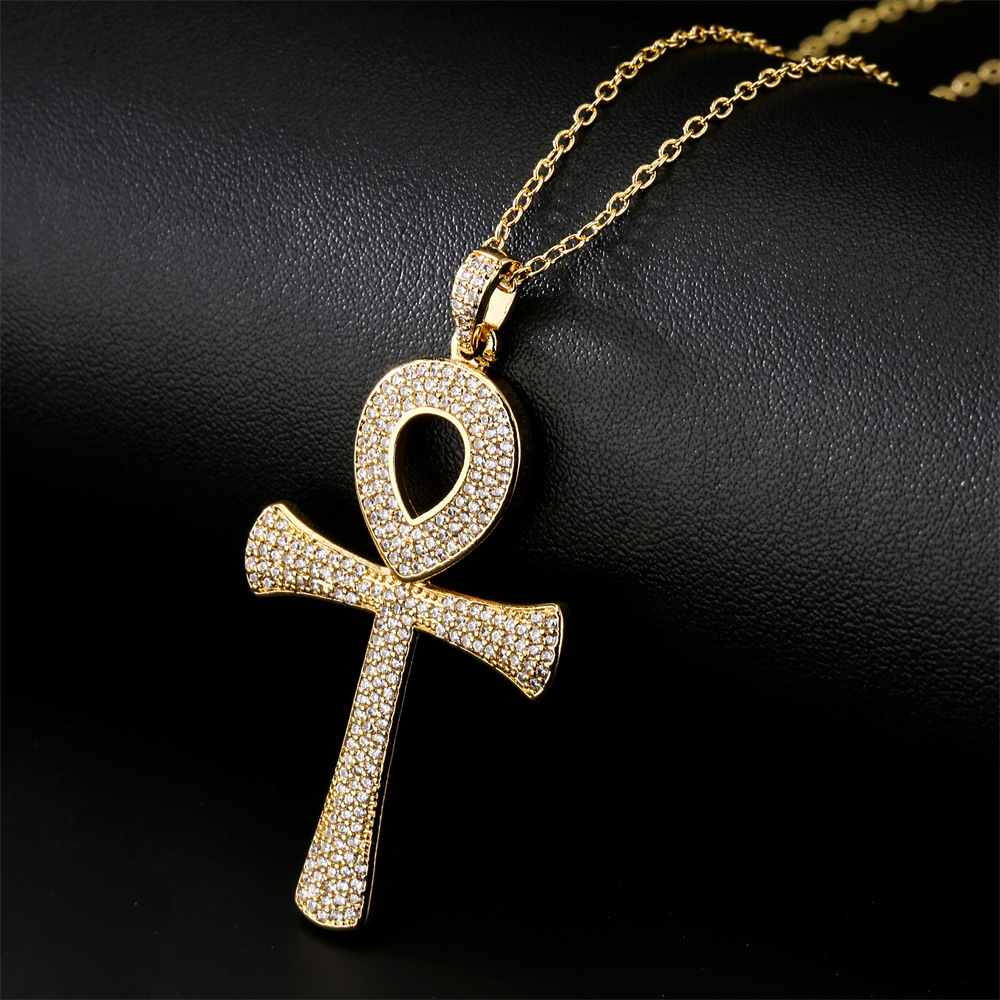 Retro Fashion Anka Cross Pendant Copper Plated Real Gold Zircon Necklace Religious Jewelry