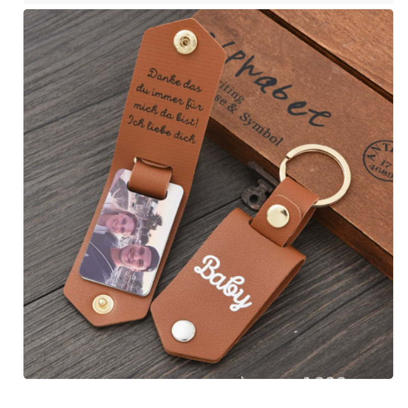 Cross-Border Best-Selling Leather Keychain Couple Style with Photo Pendant, Wedding and Birthday Gift, Personalized Engraved Key
