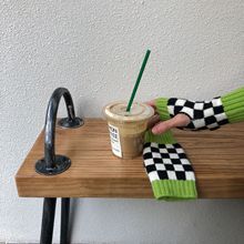 韩式半指经典棋盘格保暖手套 女士针织毛线手套潮骑行保暖手套