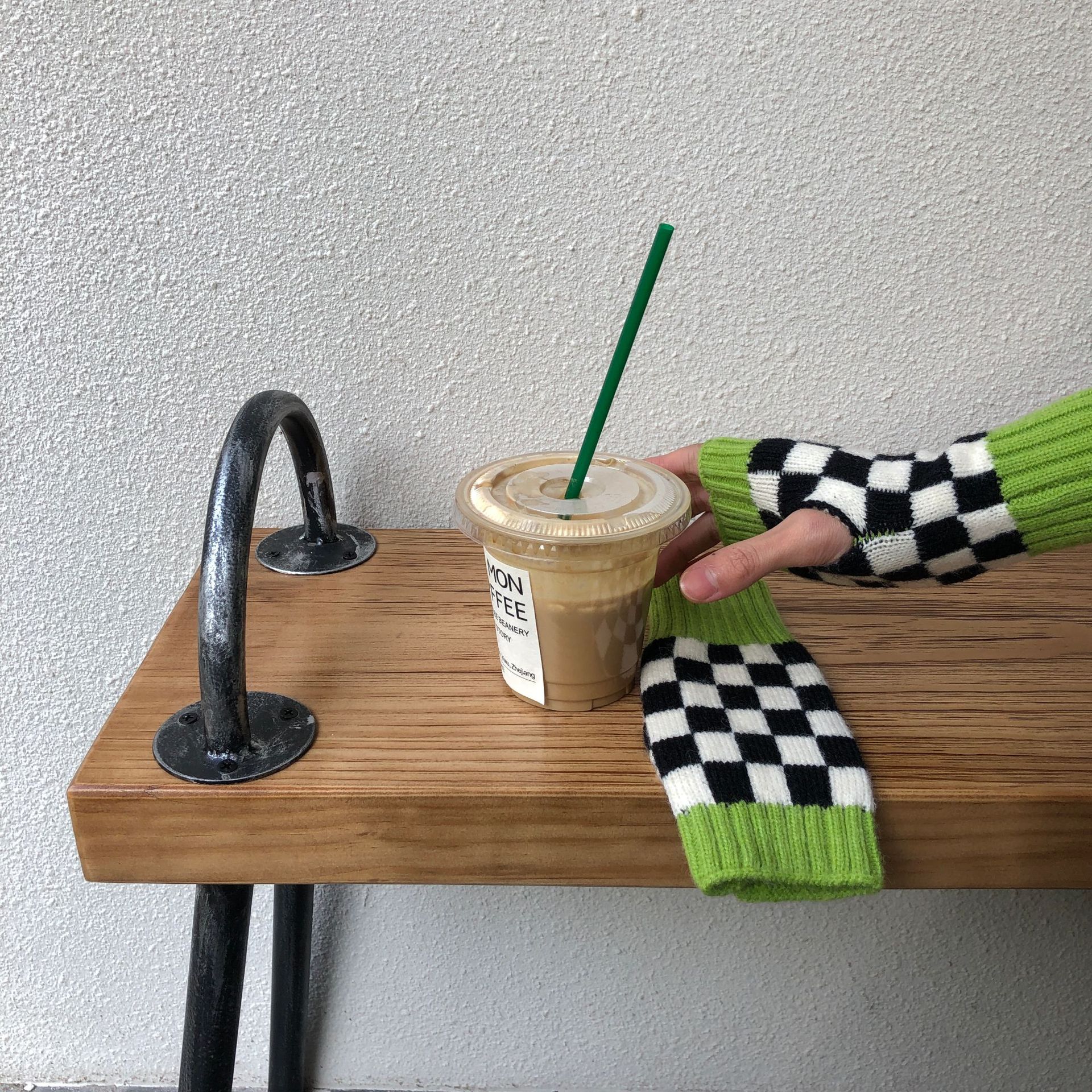 韩式半指经典棋盘格保暖手套 女士针织毛线手套潮骑行保暖手套