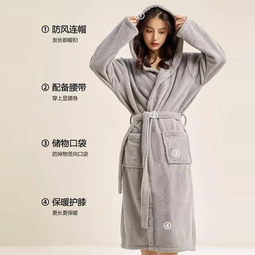 Pineapple-Print Hooded One-Piece Robe with Pockets, Waist Cincher, Thick Coral Fleece, Absorbent Quick-Dry, Non-Hair Shedding Couple's Homecoming Wear