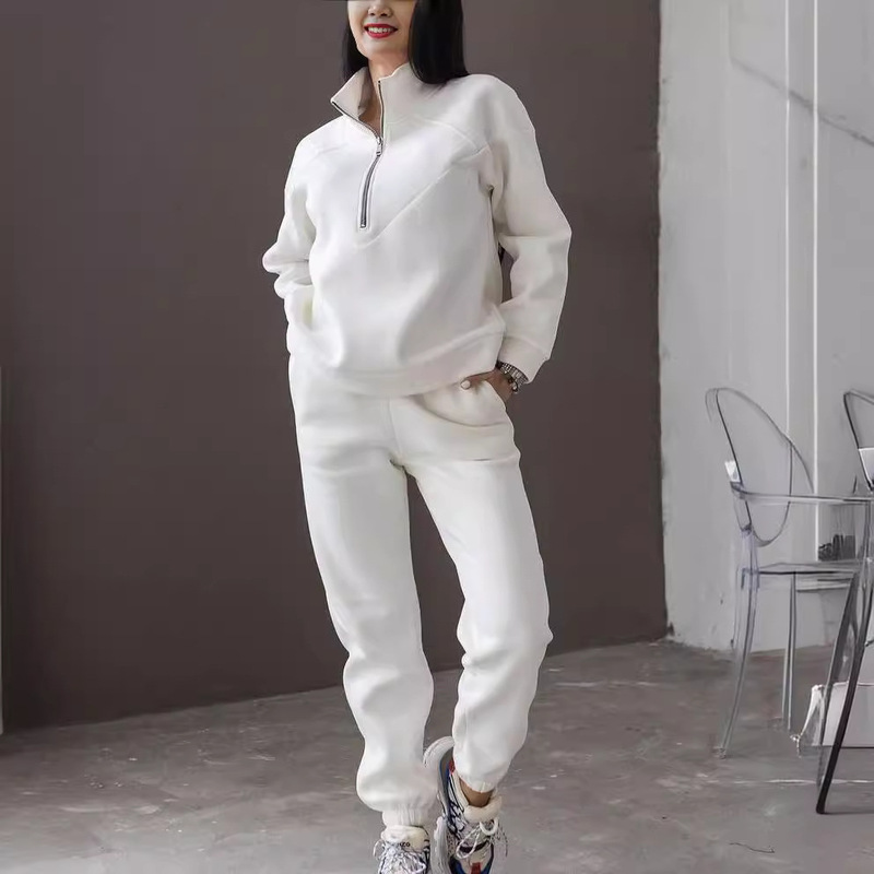 North American Style Fashionable Women's Two-Piece Spring & Fall Fashionable Casual Fleece Leggings Pants Long-Sleeved Zipper Sweatshirt