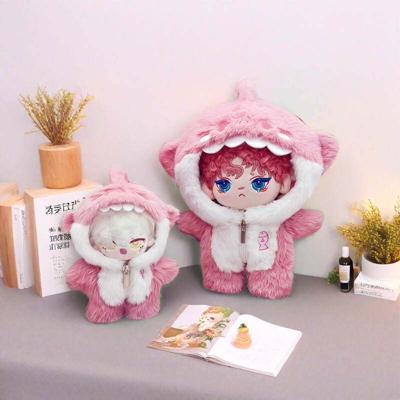 10-20 Pink Shark Doll Clothes Cotton Doll Clothes Jacket Plush Hooded Footed Doll Clothes Footed Style
