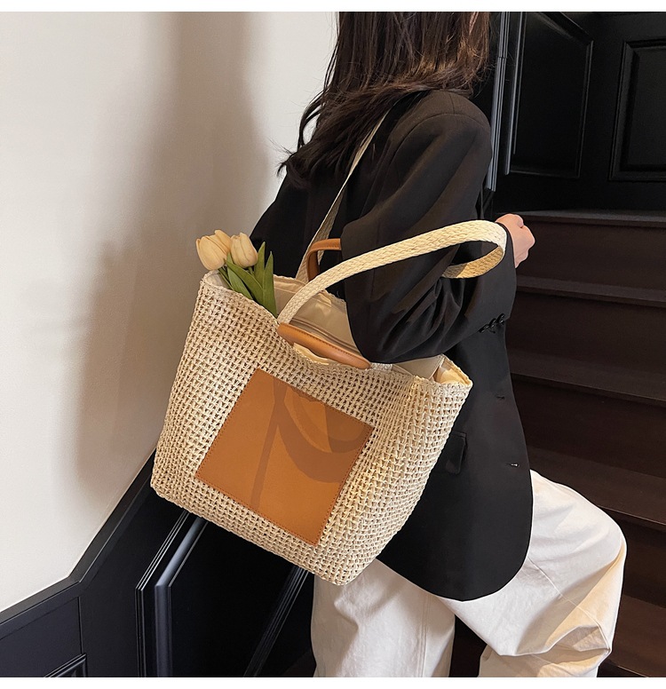 Large Woven Beach Tote Bag For Women Stylish Hollow Out Handbag_voghion.com