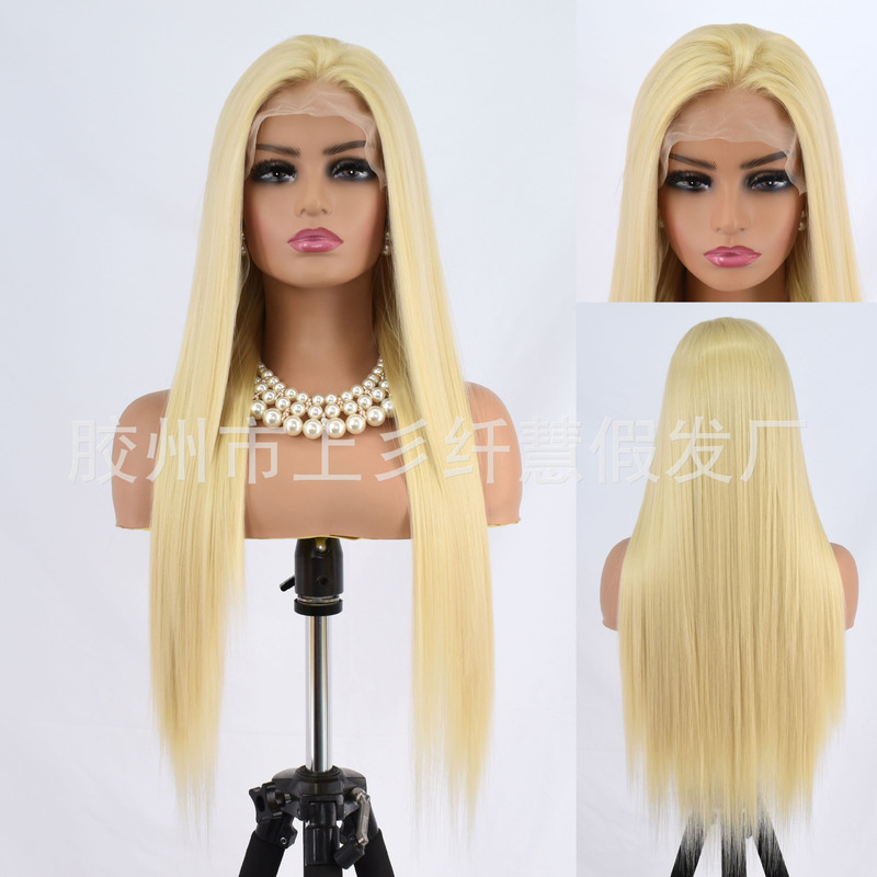 Wig with Hand-Tied Lace Front, Golden Color, Long Straight Hair for Women, Matte High-Temperature Synthetic Fiber, Suitable for Photo Shoots, Short Drama, Cosplay, and Photography