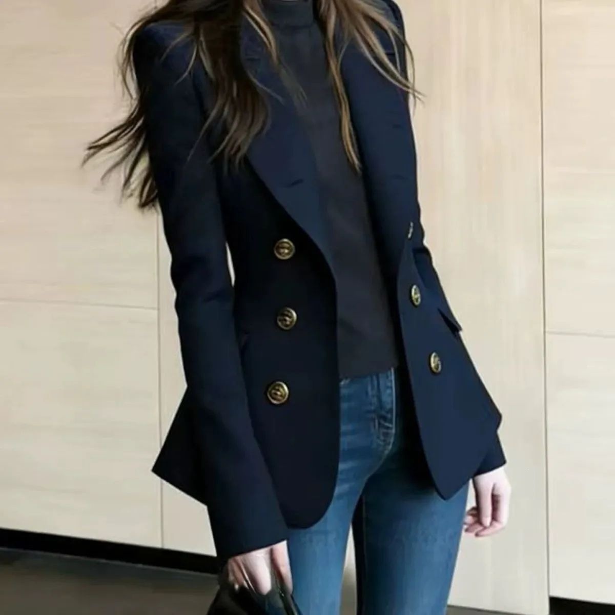 French-style navy blue double-breasted suit, new spring 2026 style, powerful aura, commuter-friendly jacket/top