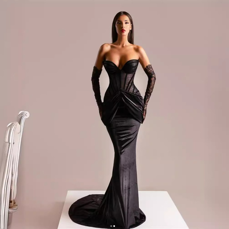 Foreign Trade Fashion Black Backless V Sling Sequins Slim-Fit Small Long dress Dress