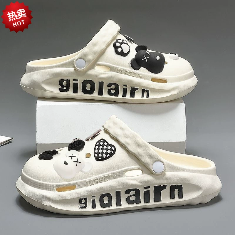 Мужские пещерные туфли для летнего ношения 2024 новые носки толстое дно нескользящие тренды сетки красный пляж Баотоу половинные тапочки