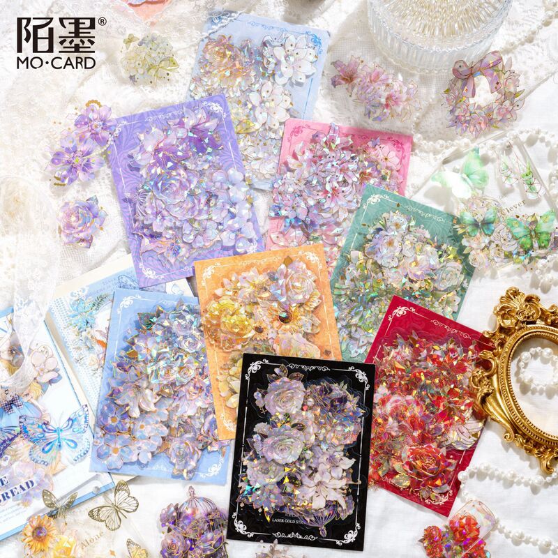 Mo ink ice crystal PET laser gold sticker bag unbounded flower spectrum series retro flower hand account goo card sticker