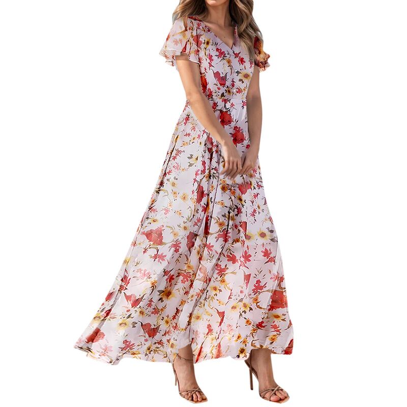 Printed V-Neck Short-Sleeved Dress Women's Printed Short-Sleeved V-Neck Long Dress