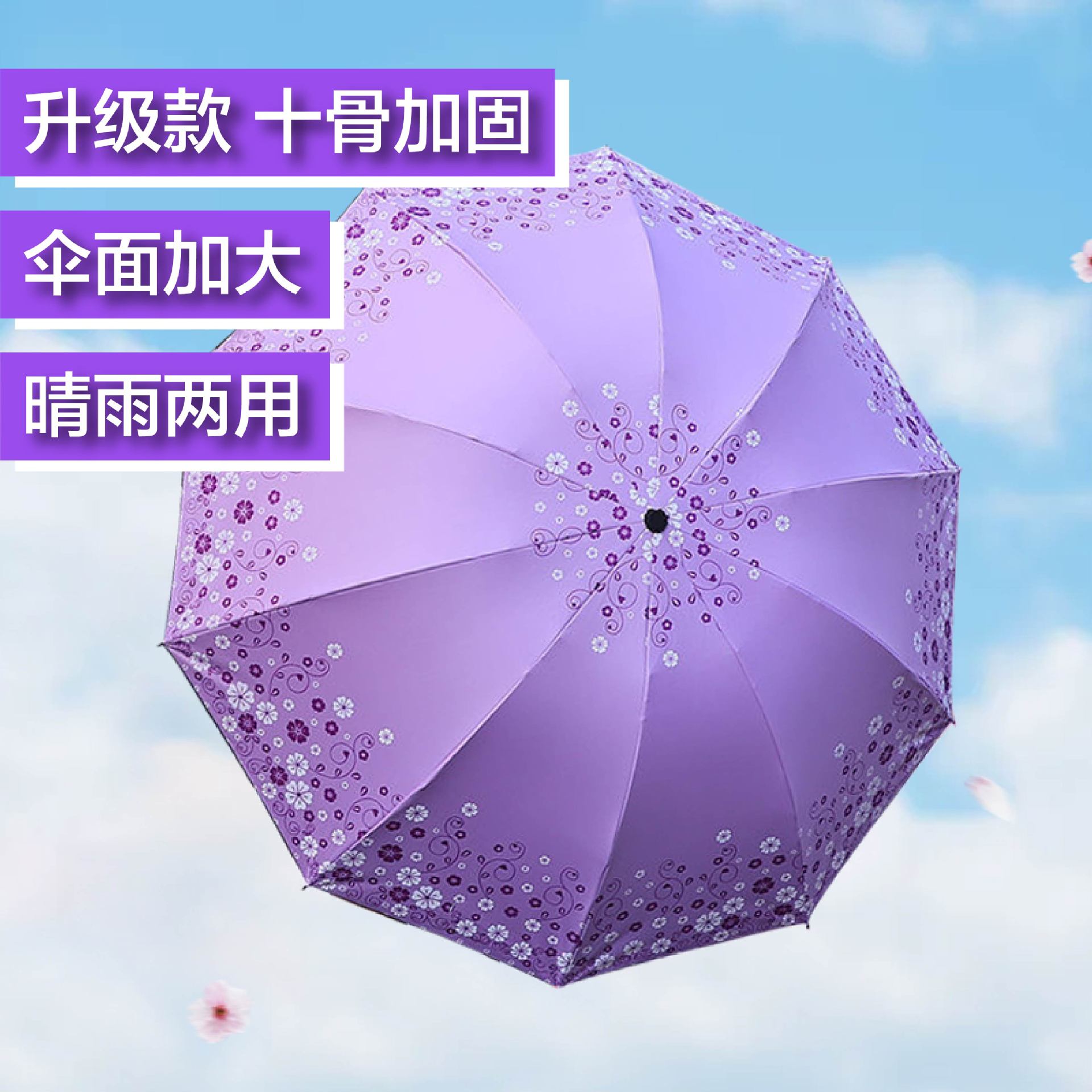 晴雨两用伞10骨加大单双人黑胶印花太阳伞防晒遮阳伞加厚折叠雨伞