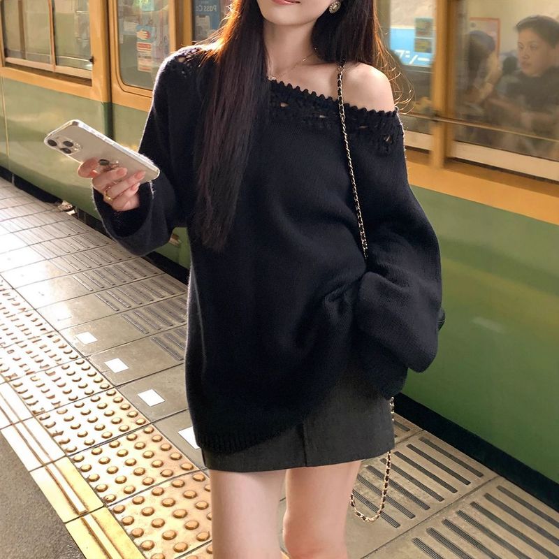2025秋冬新款韩版镂空花边一字领针织衫女长袖宽松慵懒风毛衣外搭|undefined