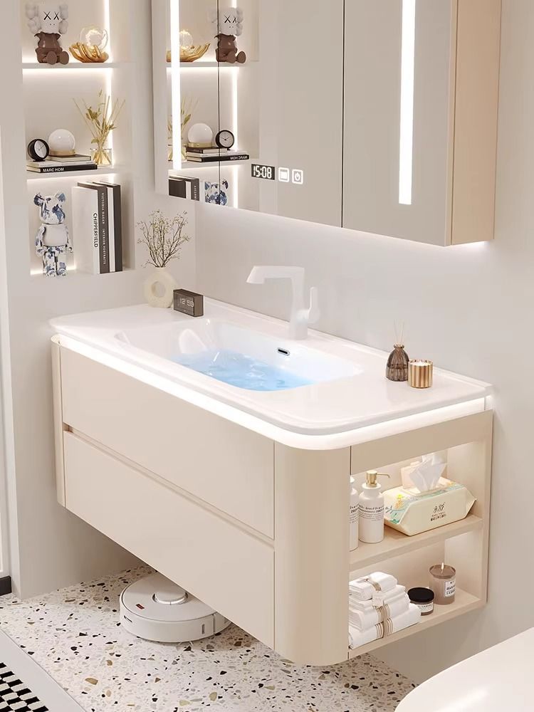 Cerámica integrada cuenca crema estilo baño gabinete combinación simple lavado de manos lavabo baño lado gabinete