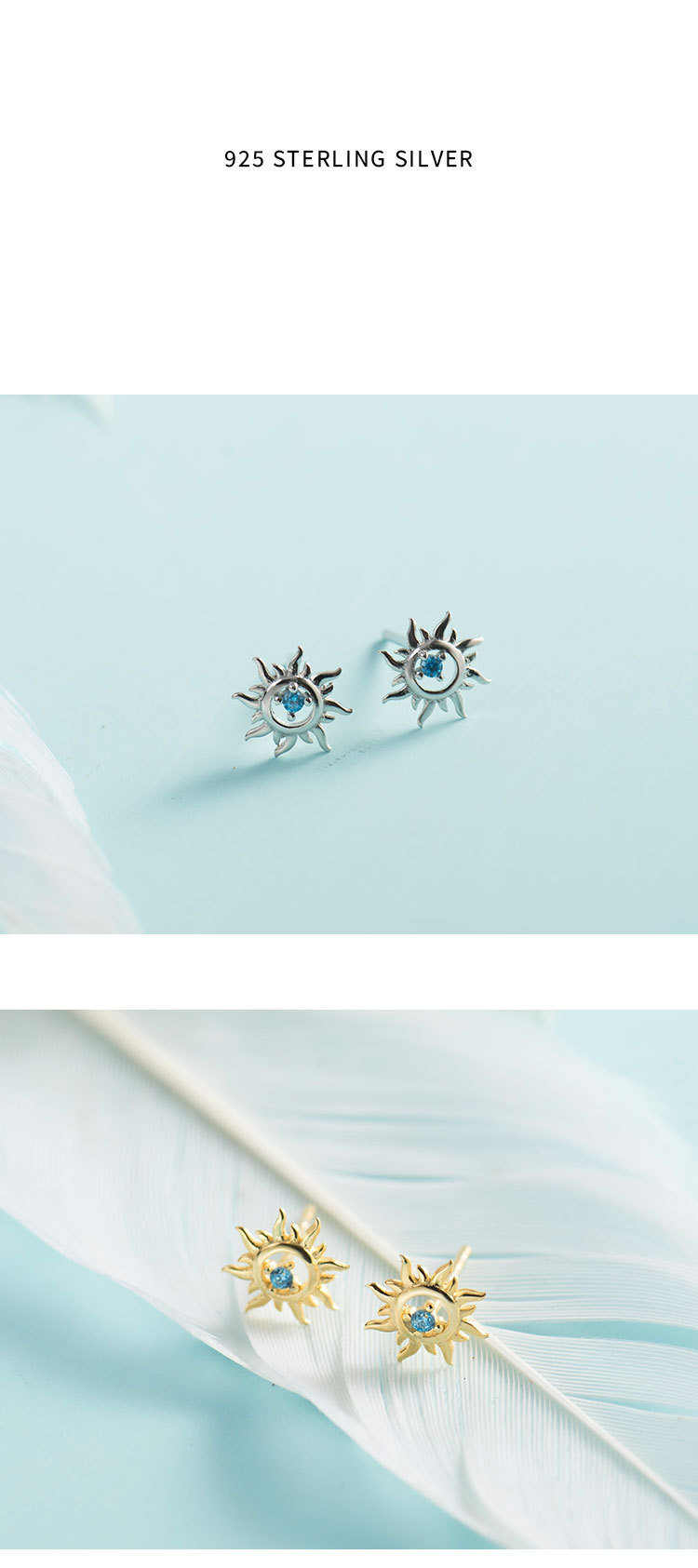 925 Sterling Silver Material Sun Pattern All Seasons Season 14K Gold Plated 925 Sterling Silver Zircon Sun Ear Studs 925 Sterling Silver Rings