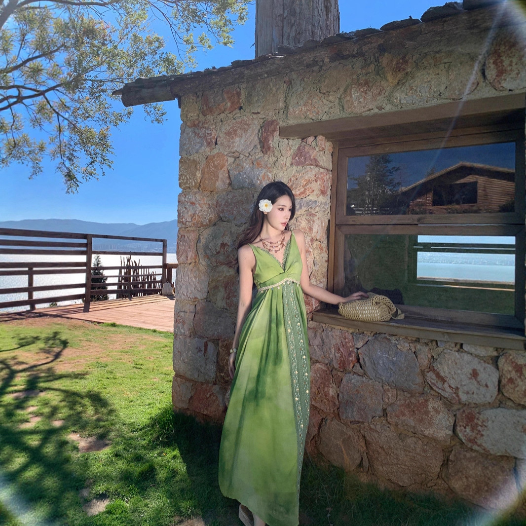 Green Forest Style Light Luxury Strapless Evening Dress French Dress Birthday Party Celebration Dress Student Art Exam Dress