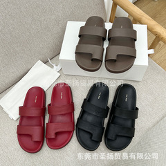 小众The*Row真皮复古一字双带夹趾平底拖鞋极简休闲慵懒感凉鞋女