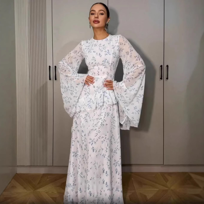 Spring Gentle Floral Long-Sleeved Sweet Long Dress for Women, European and American Style, 2025 New Model, Elegant and Comfortable