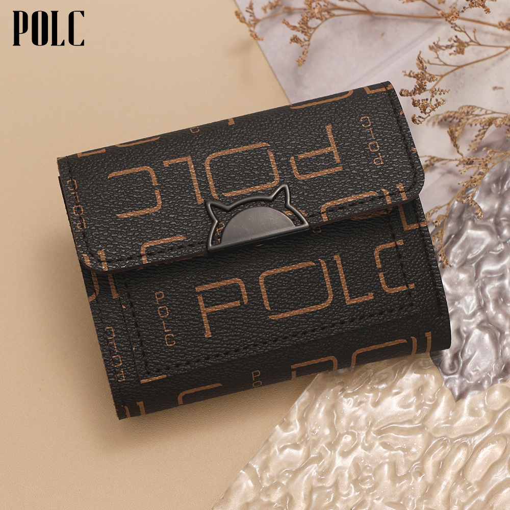 Cartera corta impresa de letras de moda europea y americana, bolso de tarjetas portátil pequeño de tres plegables, bolso de cambio, bolso de mano de mujer