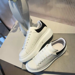Neutral round toe cowhide Korean style women's casual single-layer shoes front lace-up platform shoes high heel white shoes women's shoes
