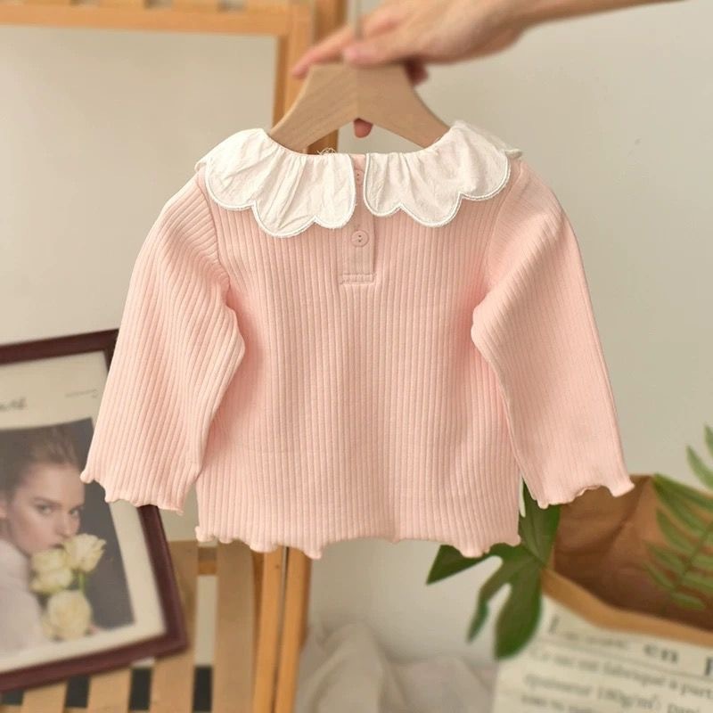 女の赤ちゃんの質感の細いピットストリップ Tシャツ女の赤ちゃん春の新しい女の子の刺繍愛の花びら襟ボトリングシャツ|undefined