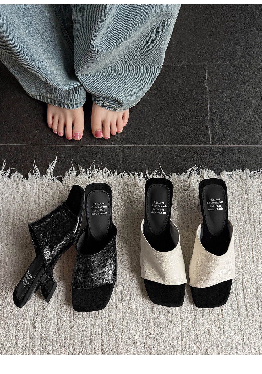 Sandal cao gót nữ mũi vuông hở ngón, gót xuồng 7 cm, da cừu mềm — màu đen, màu trắng ngà chi tiết 15