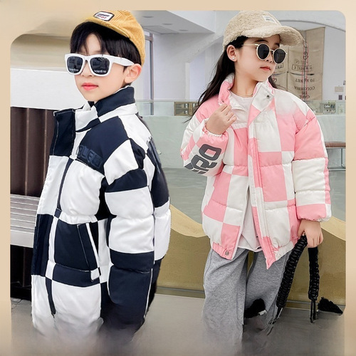 Children's winter down and cotton coats for foreign trade, small and medium-sized children, unisex baby short down jackets, trendy grid-style turtleneck jackets