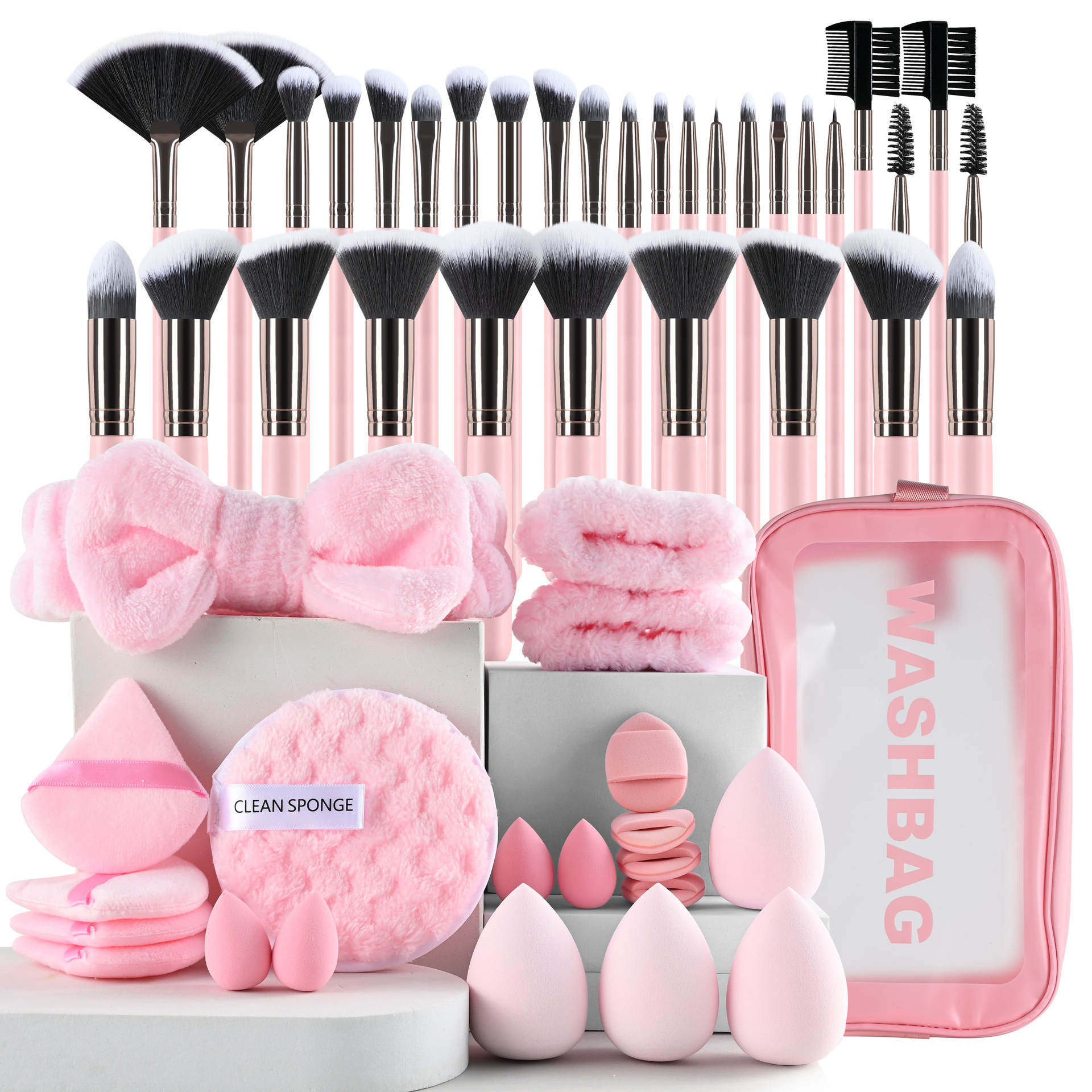 Amazon rosa 53 piezas de maquillaje lavado facial correa de cabello arco correa de cabello rosa esponja huevo cojín de aire