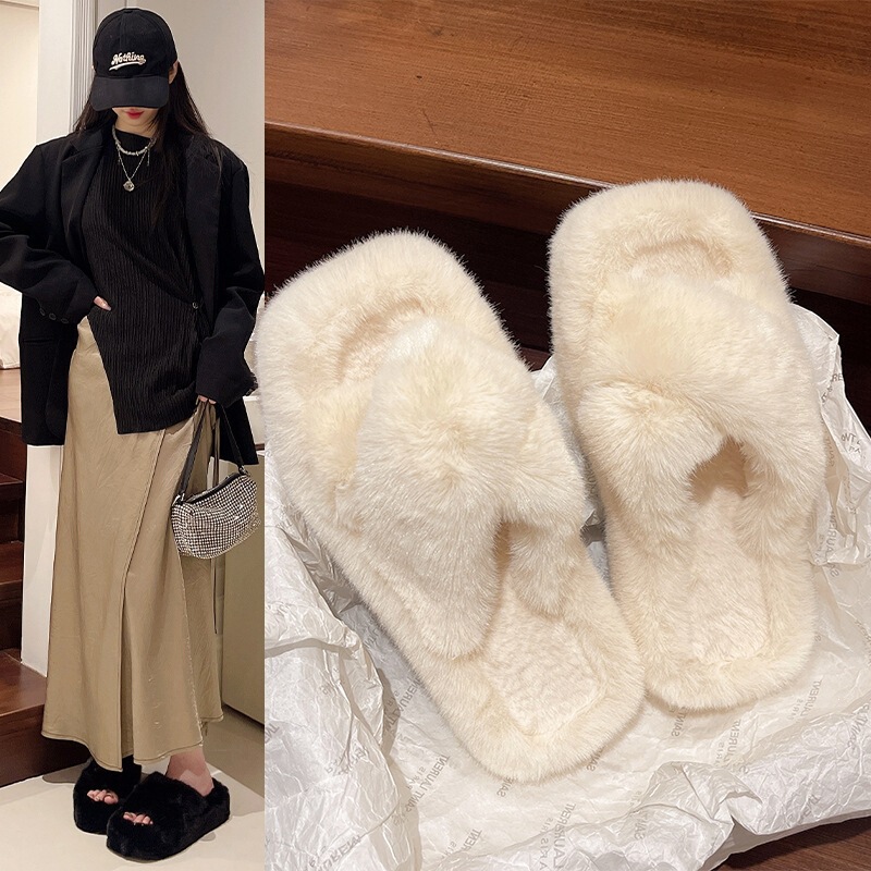Cross-stitch plush 2026ins lazy autumn and winter versatile cotton slippers, new cute furry slippers for women, trendy and popular online Cross-stitch plush 2026ins lazy autumn and winter versatile cotton slippers, new cute furry slippers for women, trendy and popular online