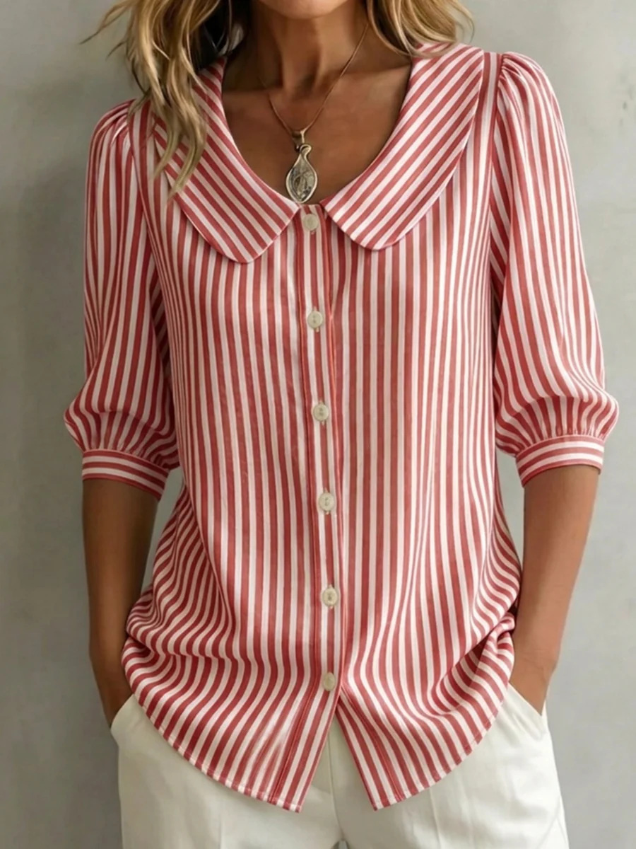 Women's Classic Stripe Summer Shirt Breathable Casual Long Sleeve Top Versatile Office And Weekend Wear_ecoleips.com