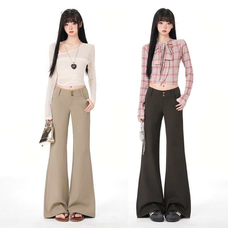 Olive Green Twill Slightly Stretchy Retro Low-Waist Minimalist Wide Waistband Flared Casual Pants Cocoa Milk Color Long Jeans Denim Fabric Olive Green Twill Slightly Stretchy Retro Low-Waist Minimalist Wide Waistband Flared Casual Pants Cocoa Milk Color Long Jeans Denim Fabric