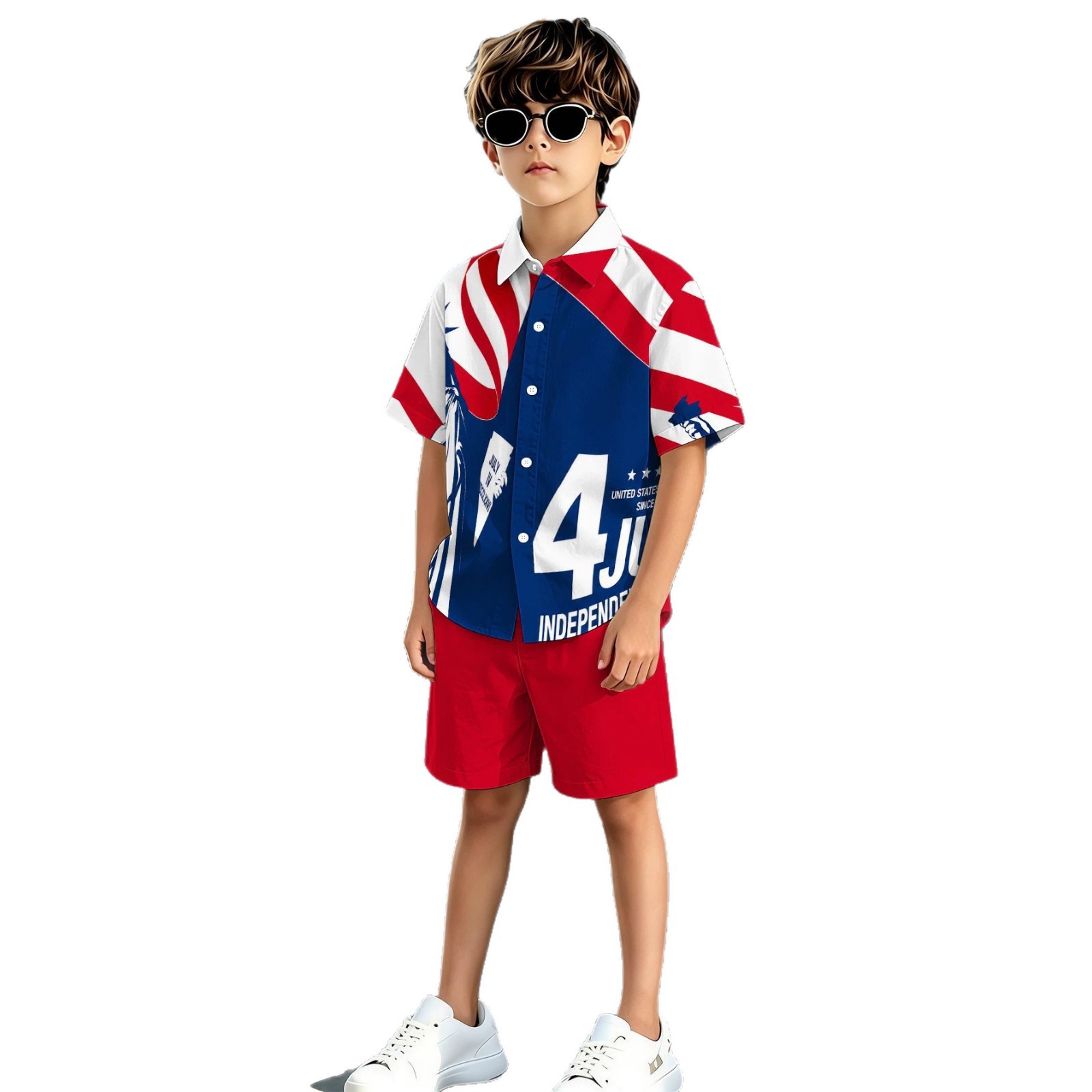 American Retro New Product, Stys, 3D Printing Technology, Boys' Collared Shirt And Shorts Set,_voghion.com