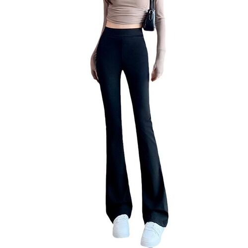 Women's High-Waisted Black Bell-Bottom Trousers with a Mini-Horseshoe Design, Suitable for Petite Figures, Summer and Autumn Thin Version