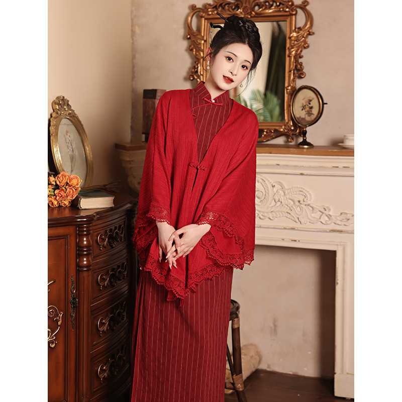 New Chinese shawl with cheongsam toast red cardigan national style small coat wedding cape knitted spring and autumn New Chinese shawl with cheongsam toast red cardigan national style small coat wedding cape knitted spring and autumn