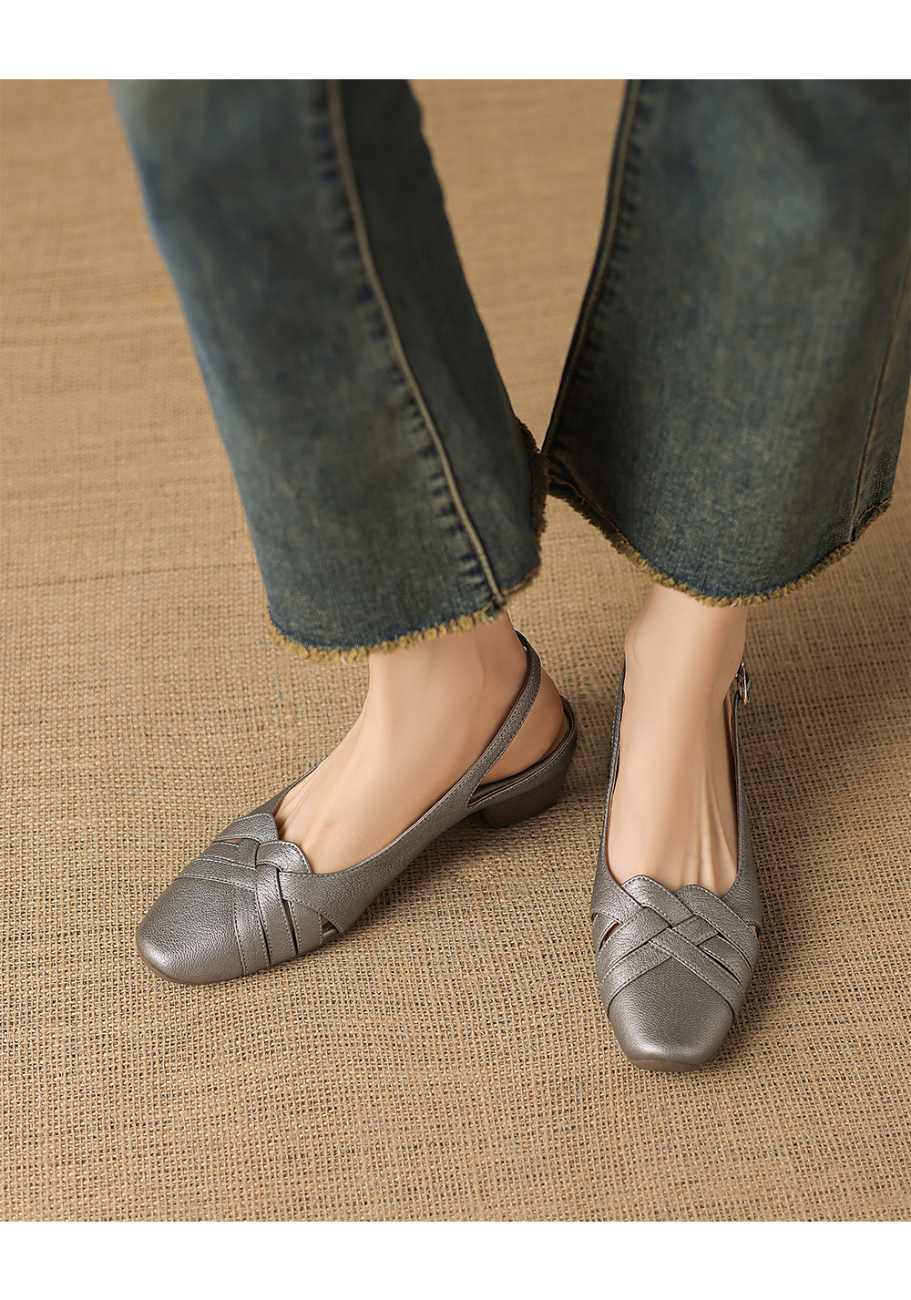 Sandal nữ mũi nhọn quai dệt gót thô 3.5 cm da cừu — Champagne màu chi tiết 2