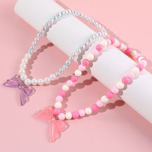 New Sweet and Cute Acrylic Bow Kidsren's Necklace Little Girl Imitation Pearl Jewelry Princess Necklace