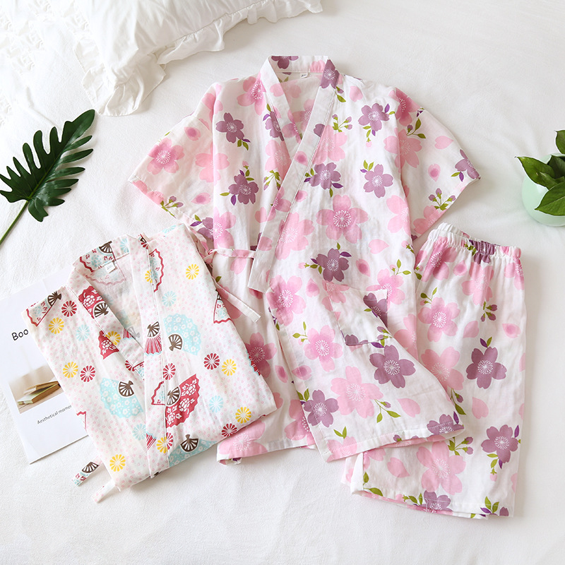 Pajamas for Women Spring and Summer Japanese Kimono Gauze Short-Sleeved Shorts Printed Thin Lace-Up Bathrobe Summer Women's Home Clothes