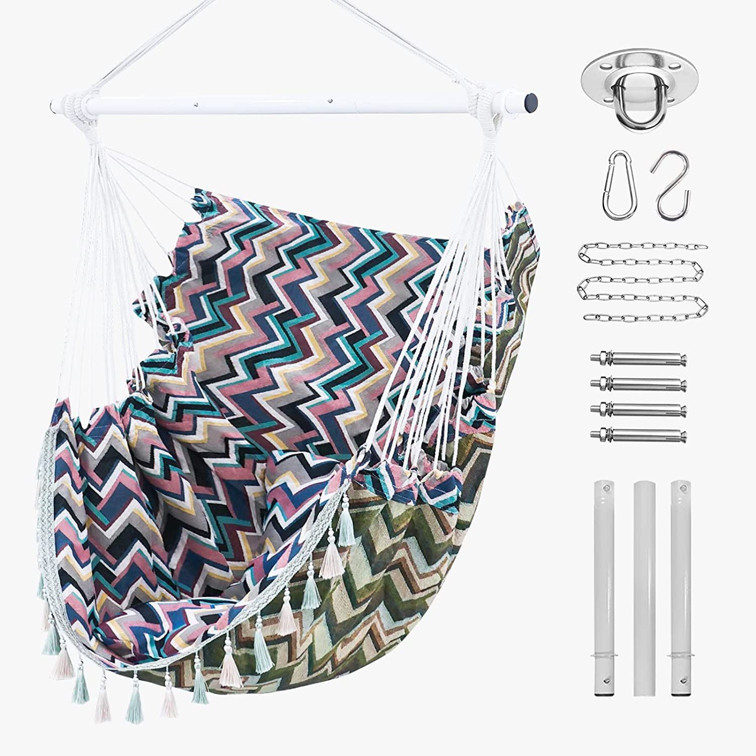 Silla colgante de lona de hierro triple jacquard geométrico aumento swing interior y exterior camping retro borla cesta colgante al por mayor