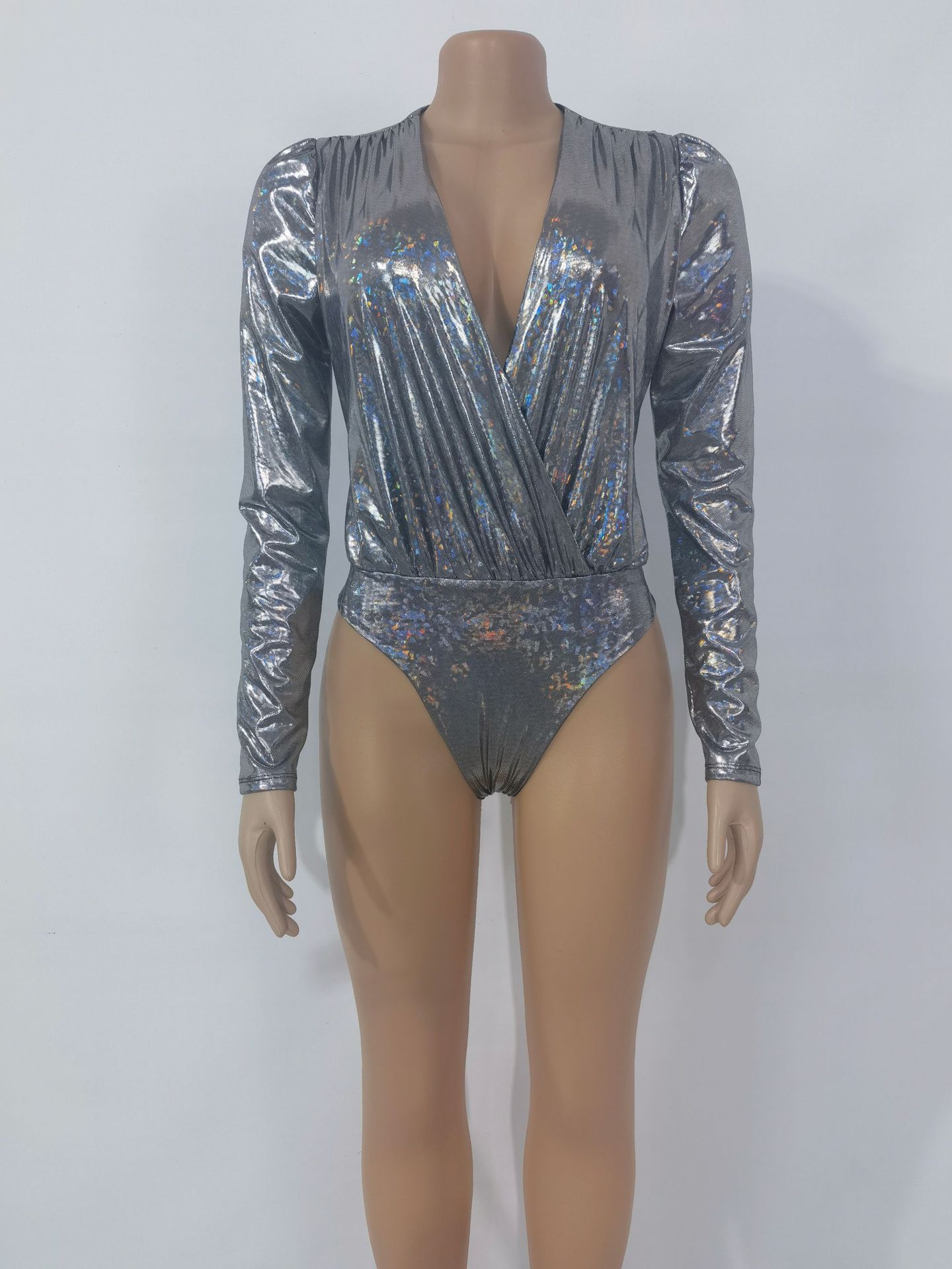 Sexy Laser Bronzing Long Sleeve Deep V-neck Jumpsuit in Bodysuits