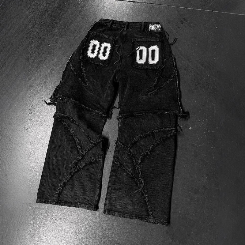 European and American Cross-Border Y2K Y2K Embroidered Raw Edge Jeans Splicing Design Street Trendy Loose Wide-Leg Pants