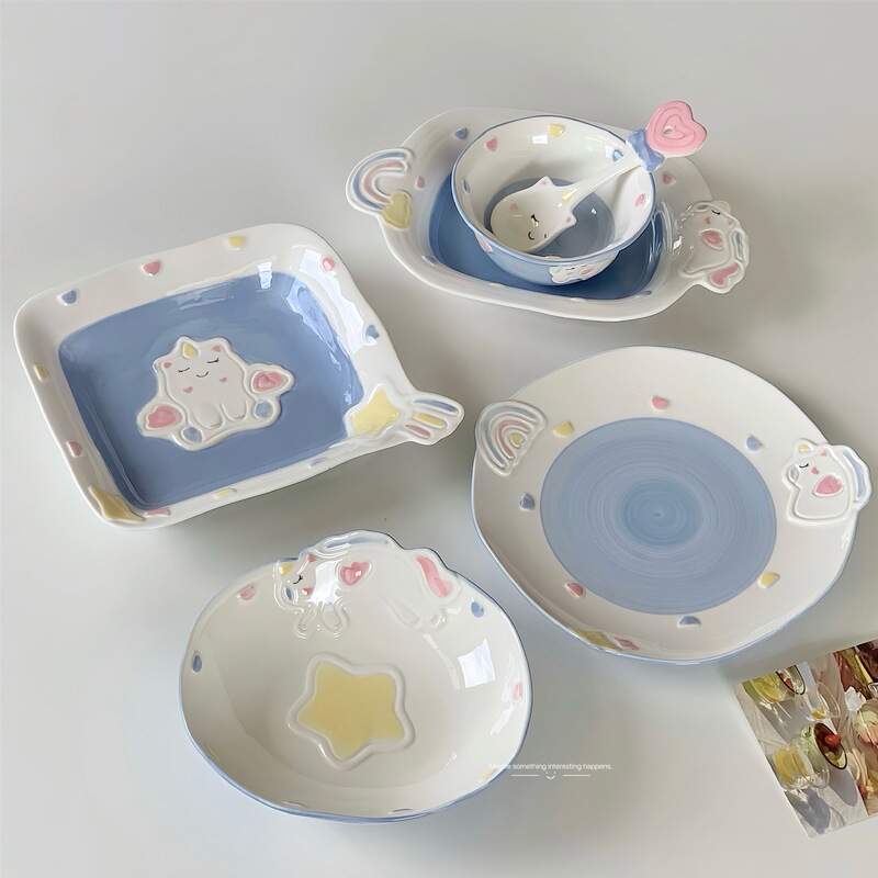 Cute Embossed Underglaze Color Girl Bowl and Plate Tableware Combination Household Rice Bowl Ins High-Looking Salad Dessert Bowl