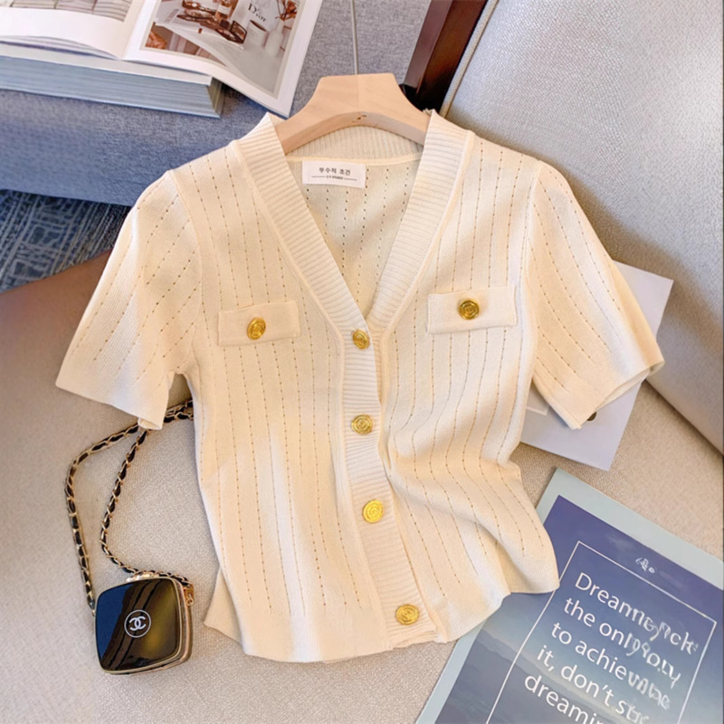 25 Summer Style Cardigan with a V-Neck, Short Striped Knit Top, Thin Design for Outerwear, Commuter Style for Women